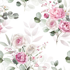 Watercolor floral seamless pattern with green leaves, pink peach blush white flowers, leaf branches. Wedding invitations, backgrounds, wallpapers, fashion, prints, fabric. Eucalyptus, rose, peony.