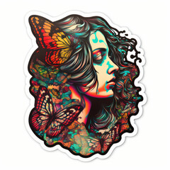 retro vibe female face with butterfly illustration of a sticker, AI assisted finalized in Photoshop by me