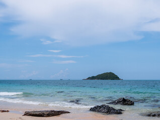 Landscape summer front view  tropical sea beach rock blue white sand background calm Nature ocean...