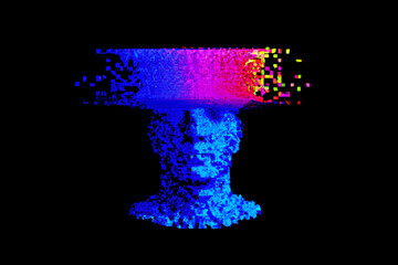 Human head made of pixels in neon holographic, virtual reality and artificial intelligence concept – Generative AI 3D illustration