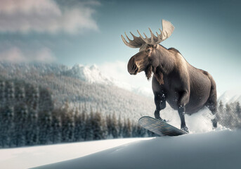 Fabulous bull moose with antlers snowboarding downhill in the mountains in a beautiful fresh snow covered alpine scenery. Generative ai 