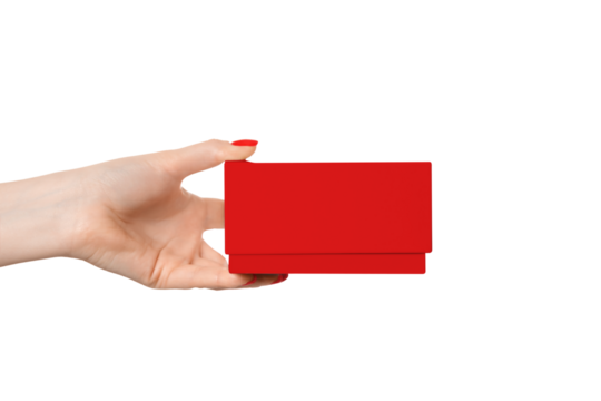 Woman's hand with a red box, no inscriptions, isolate on a white background.