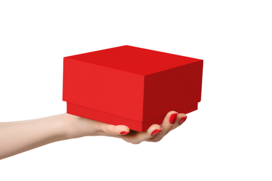 Woman's hand with a red box, no inscriptions, isolate on a white background.