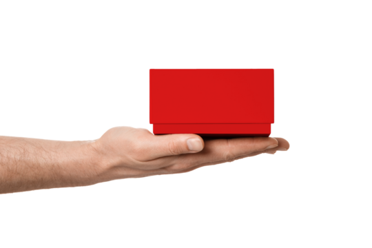 Red box on a male palm, without inscriptions, isolate on a white background.