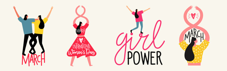 Vector illustration set with hugging and dancing women. 8 march international women's day greeting card design. Colored typography poster collection with holiday lettering text - 566387664