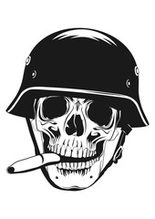 Front view of a smoking skull in a helmet. Vector.