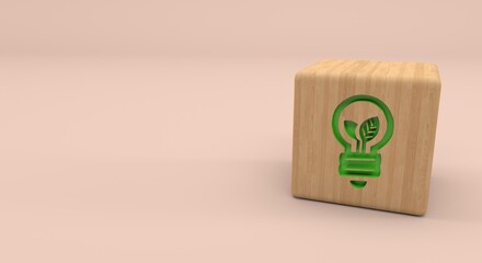 wooden cube with a light bulb and a leaf symbolizing environmental ideas (3d illustration)