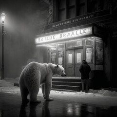 Polar Bear Outside a Movie theatre, Black and White.