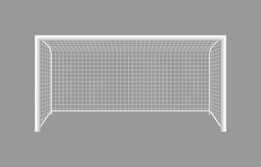 Soccer goal post. 3d football goalpost with net. Gate with frame for stadium and field. Icon in front for game, kick, penalty, pitch and goalkeeper. Vector