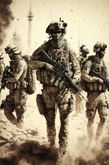 Military force walking and holding weapons during war. Generative AI illustration