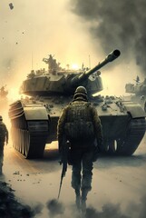 Soldier backview dejected walking towards war tank during war. Generative AI illustration - obrazy, fototapety, plakaty
