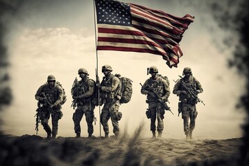 USA Military force walking with flag towards the desert. Generative AI illustration