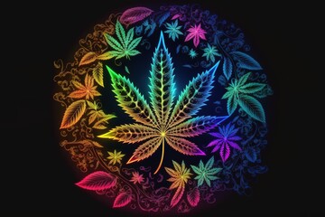 Neon glowing Cannabis leaf over dark background. Generative AI illustration - obrazy, fototapety, plakaty