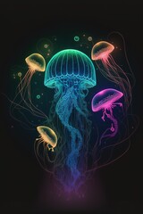 Fluorescent outlines jellyfish illustration. Vertical Generative AI