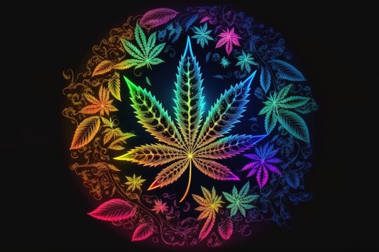 Neon glowing Cannabis leaf over dark background. Generative AI illustration