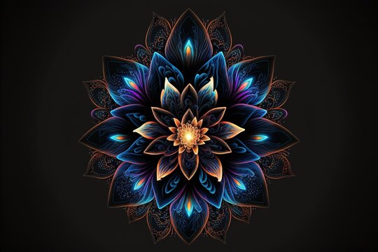 Symmetric neon glowing lily flower over dark background. Generative AI illustration