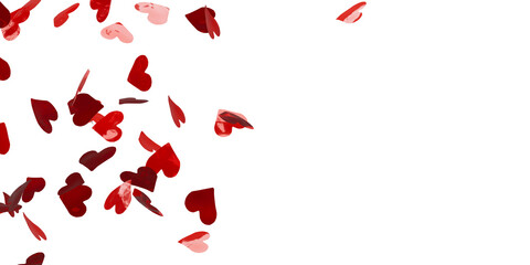 Red confetti in the shape of hearts isolated, close up, 3d rendering