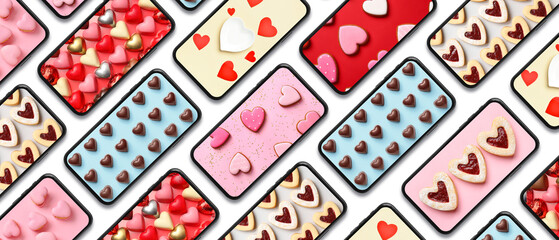 Pattern with mobile phones and different photos of desserts on white background. Valentine's Day celebration
