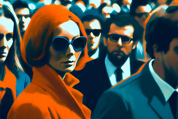 Spy woman. Illegal Mafia and woman as killer concept. AI generative. Character in glasses in crowd of peoples