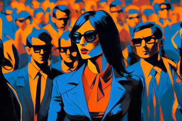Spy woman. Illegal Mafia and woman as killer concept. AI generative. Character in glasses in crowd of peoples