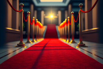 Long red carpet between rope barriers on entrance, and a bright light above the stairs in the distance. Generative AI technology.