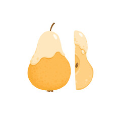 Baked caramelized pear. Sweet fruit dessert with caramel, honey, winter spices. Christmas seasonal yummy food. Homemade eating. Flat vector illustration isolated on white background