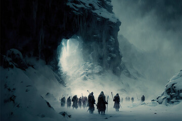 Crown of people walking toward a cave in the middle of snow storm 