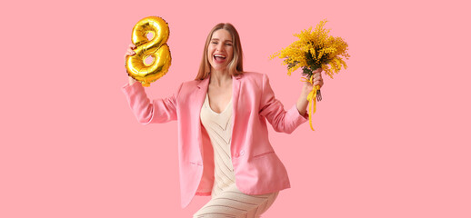 Happy woman with balloon in shape of figure 8 and mimosa flowers on pink background. International Women's Day