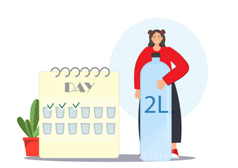 The woman holding a bottle of water, water balance per day, scheduling health, healthy lifestyle concept, flat vector illustration