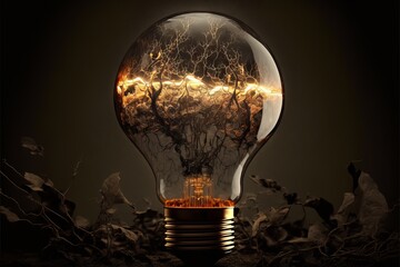 Lightbulb with Electric Arcs. Forest Floor. Post-produced generative AI digital illustration.
