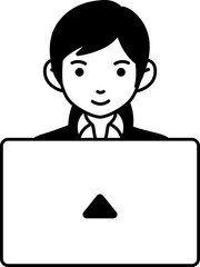 Employee women working laptop business company freelance worker Element illustration Semi-Solid Black and White