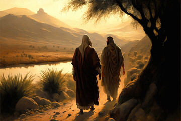 Jesus walking the desert with his disciple.  - obrazy, fototapety, plakaty