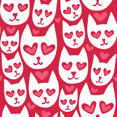 Seamless pattern with cute white cats with love in their eyes