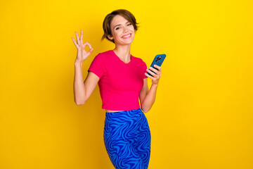 Photo of adorable positive lady wear pink t-shirt writing texting modern device showing okey isolated yellow color background