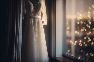 Elegant classic wedding dress on hanger. Natural light. Generative AI