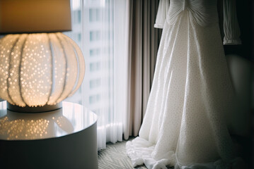 Elegant classic wedding dress on hanger. Natural light. Generative AI