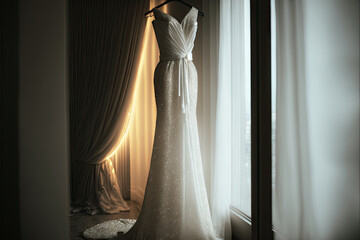 Elegant classic wedding dress on hanger. Natural light. Generative AI