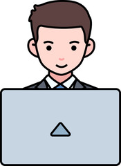 Employee man working laptop business company freelance worker Element illustration Colored Outline