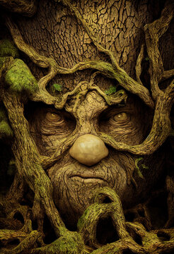 The Green Man is a being or spirit of mythology, legend, and folklore. He is an ancient symbol of nature, rebirth, and spring usually appearing as a face carved into trees. Created with Generative AI