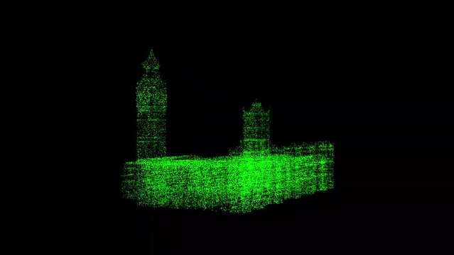 3D Big Ben in London rotates on black background. Object dissolved green flickering particles 60 FPS. Science concept. Abstract bg for title, presentation. Holographic screensaver. 3D animation.