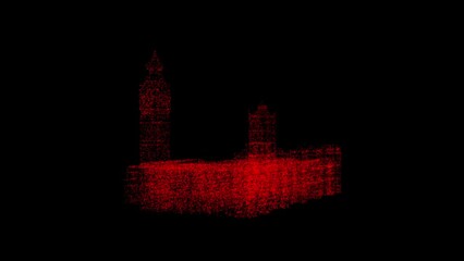 3D Big Ben in London rotates on black background. Object dissolved red flickering particles 60 FPS. Science concept. Abstract bg for title, presentation. Holographic screensaver. 3D animation.