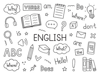Learning English doodle set. Language school in sketch style. Online language education course. Hand drawn vector illustration isolated on white background