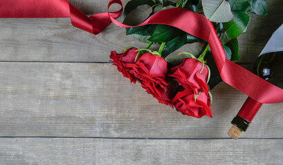 Valentines Day. Valentines Day Background. Banner Happy Valentine's Day. Red roses and red ribbon. Wine. Banner. copy space