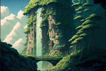 House near waterfall  Superb anime and D&D environment