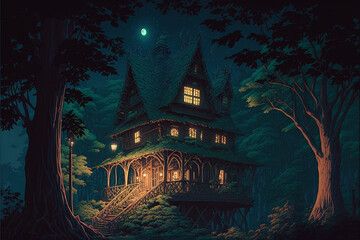 Fototapeta na wymiar haunted house in the woods Superb anime and D&D environment