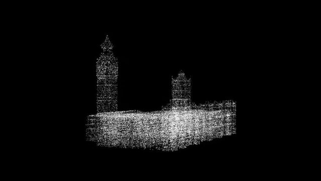 3D Big Ben in London rotates on black background. Object dissolved white flickering particles 60 FPS. Science concept. Abstract bg for title, presentation. Holographic screensaver. 3D animation.