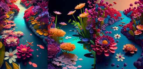 Beautiful, colorful flowers illustration. Isolated composition on dark tone background. 3d flowers composition