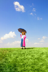 Woman enjoying a spring day in her colorful outfit