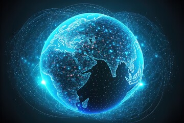 Abstract Tech Earth Globalization. Concept Transmit AI Networking on Fiber Optic. Transfer 5g Web Communications Signal on Worldwide. Blue neon, planet, earth. AI