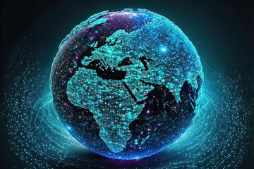 Obraz premium Abstract Tech Earth Globalization. Concept Transmit AI Networking on Fiber Optic. Transfer 5g Web Communications Signal on Worldwide. Blue neon, planet, earth. AI